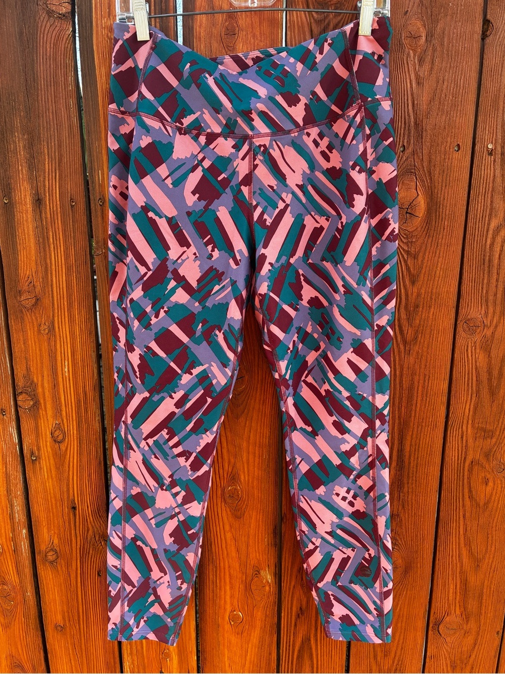 L.L. Bean Pink, Teal & Burgundy Abstract Print Leggings - Large